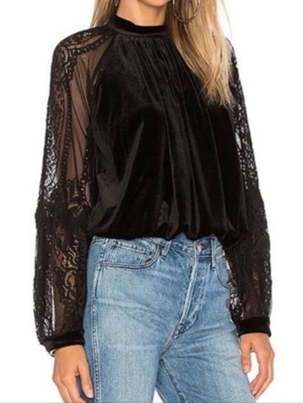 โจ Free People "Dream Team" Velvet & Lace Blouse Black SZ XS EUCโจ